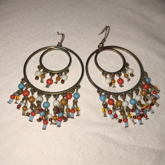 Jewelry - Bohemian Dangling Gold Circle Hoops Bead Earrings
